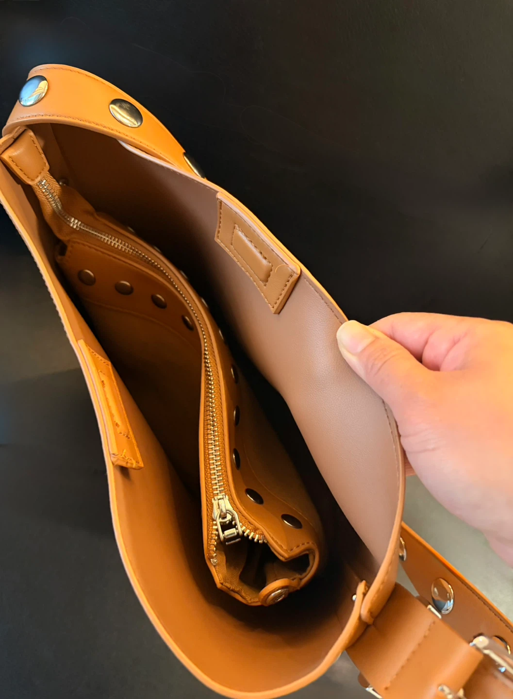 Tan Faux Leather Bucket Bag with Studs - photo 4