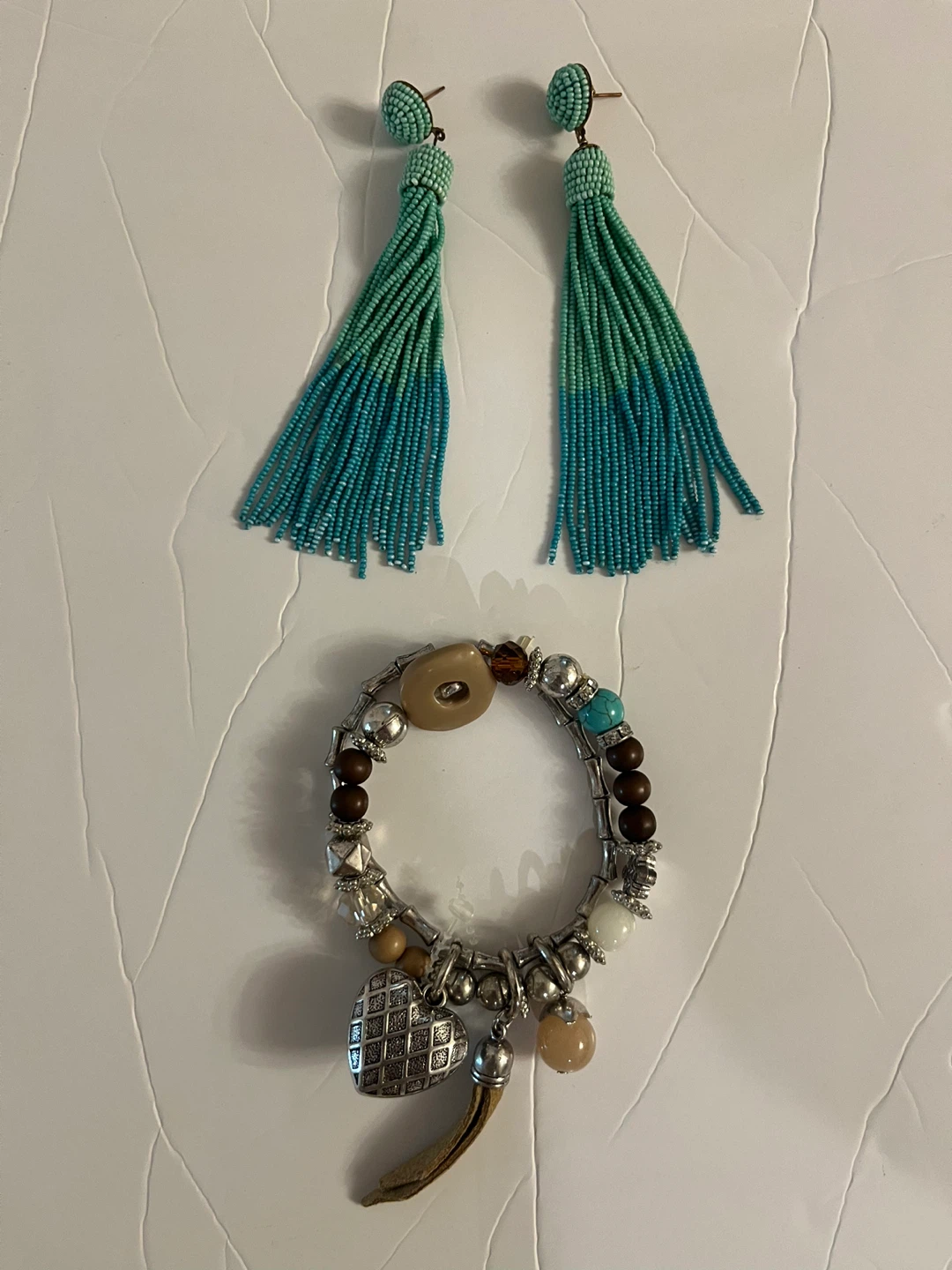 Beaded Tassel Earrings and Charm Bracelet Set