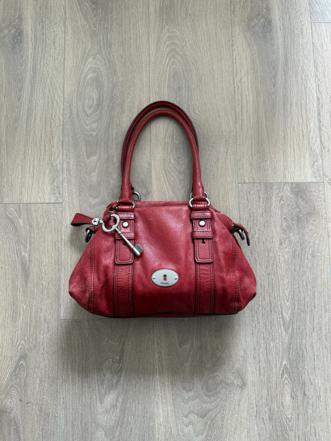 Red Fossil Leather Vintage Satchel Handbag