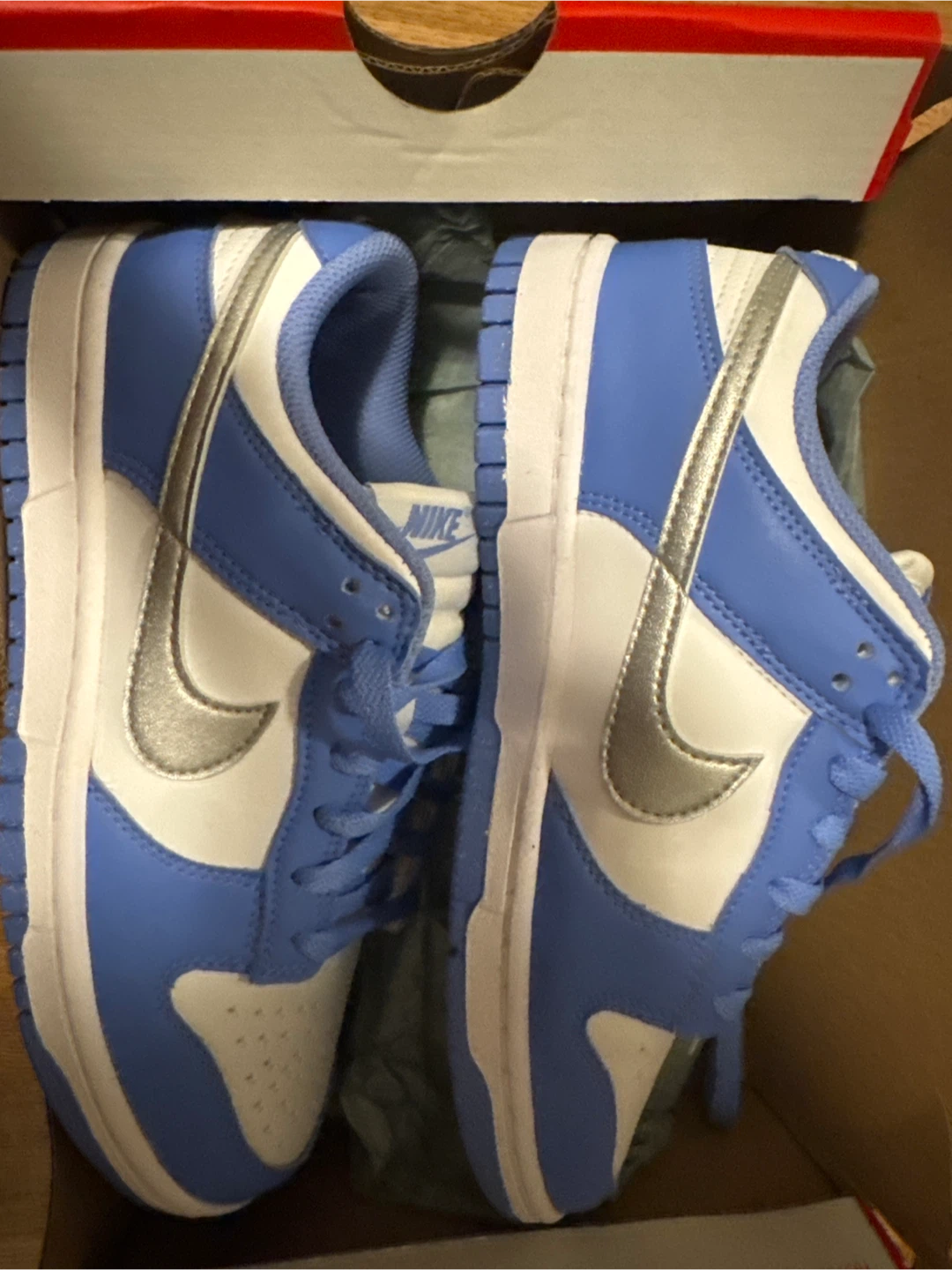 Blue and Silver Nike Dunk Low Size 6Y equivalent to 7 women’s