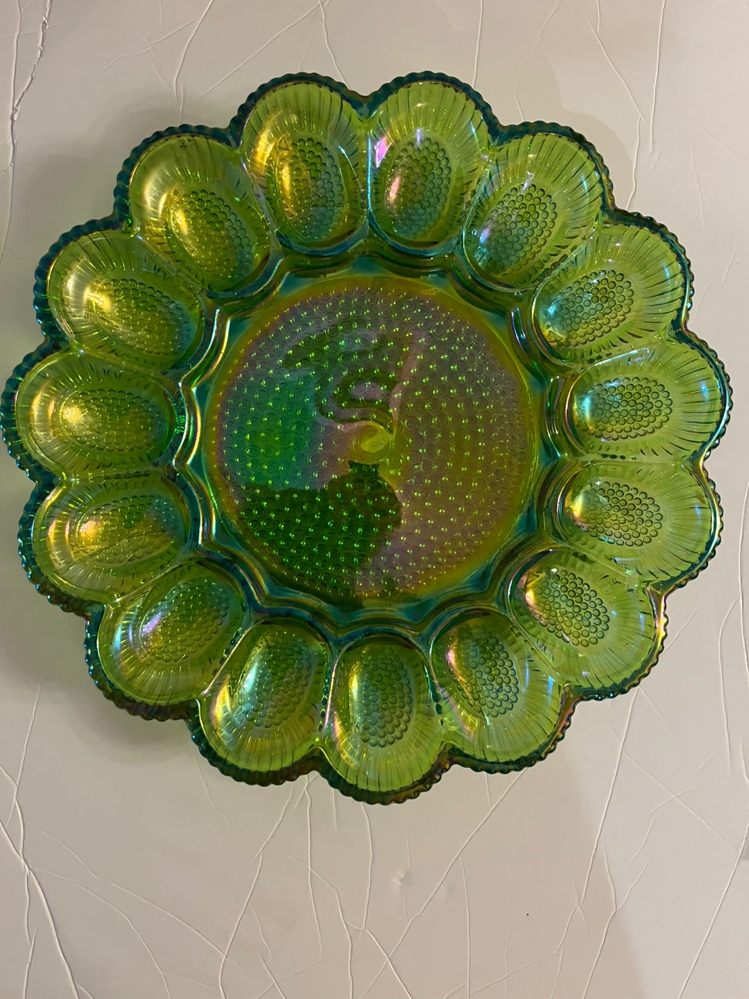 Vintage Indiana Green Iridescent Glass Egg Plate