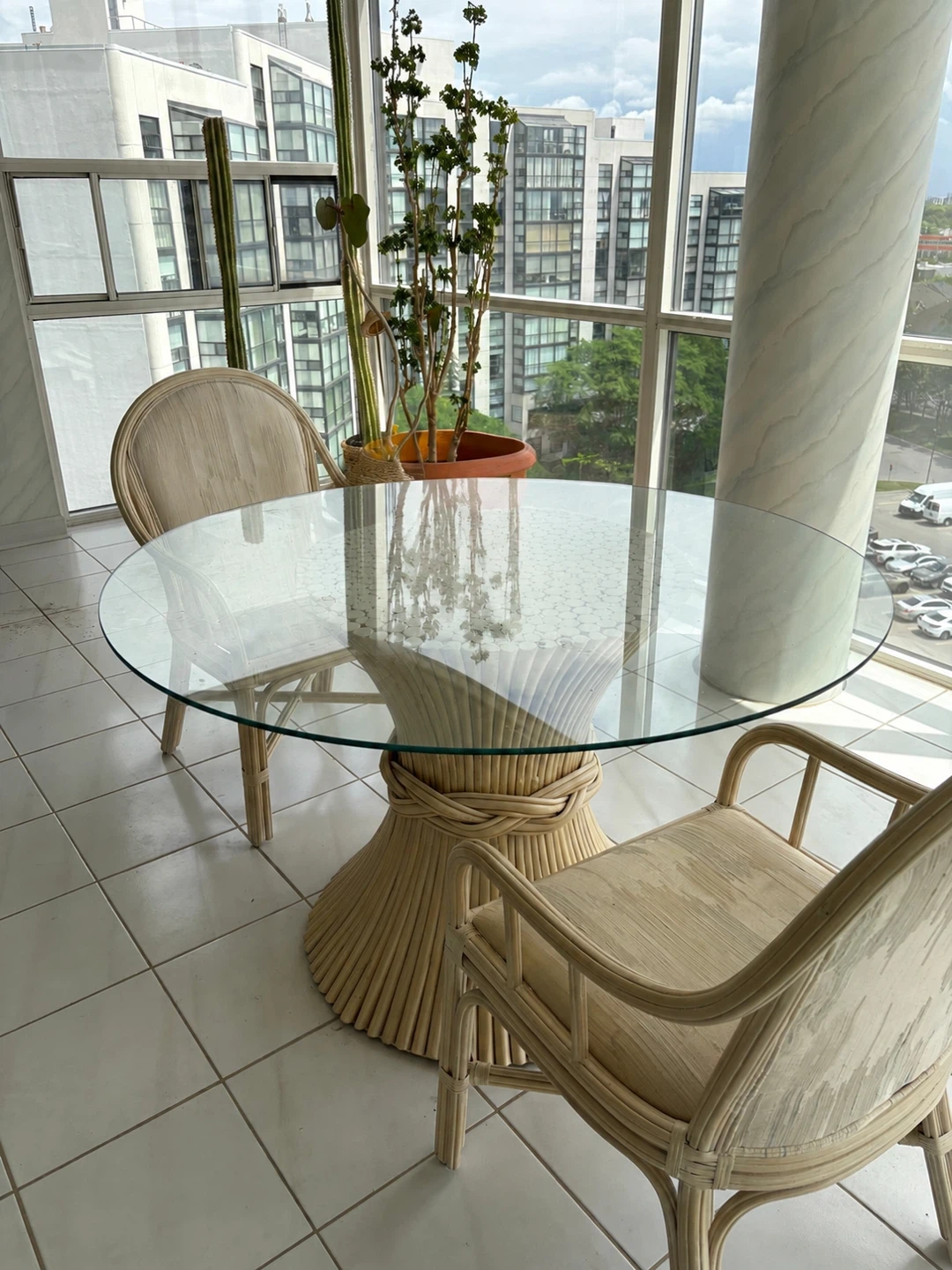 Glass Top Rattan Dining Table with Chairs