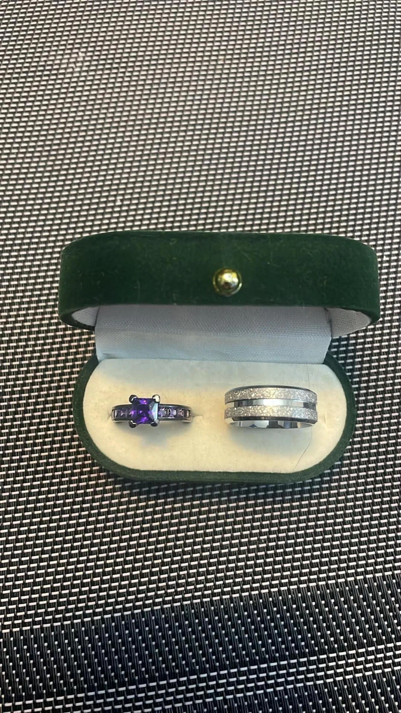 Purple and Silver Engagement Ring Set with Box