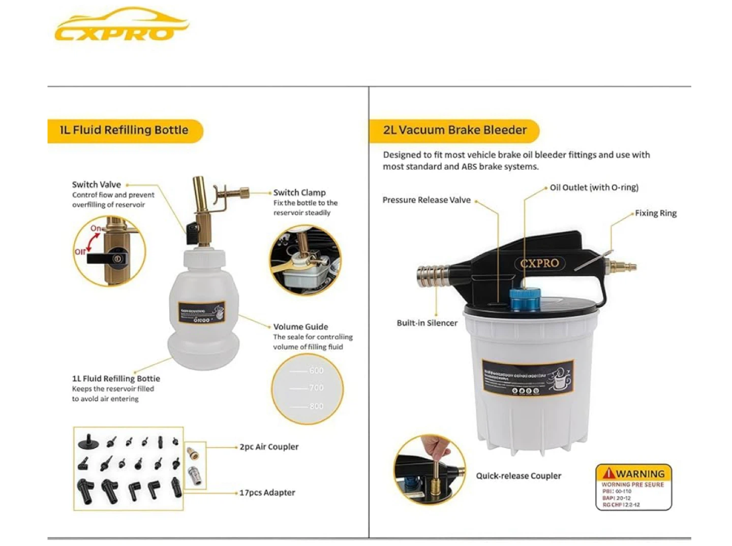 CXPRO 2L Pneumatic Vacuum Brake Bleeder Fluid Extractor Pump Kit - photo 4