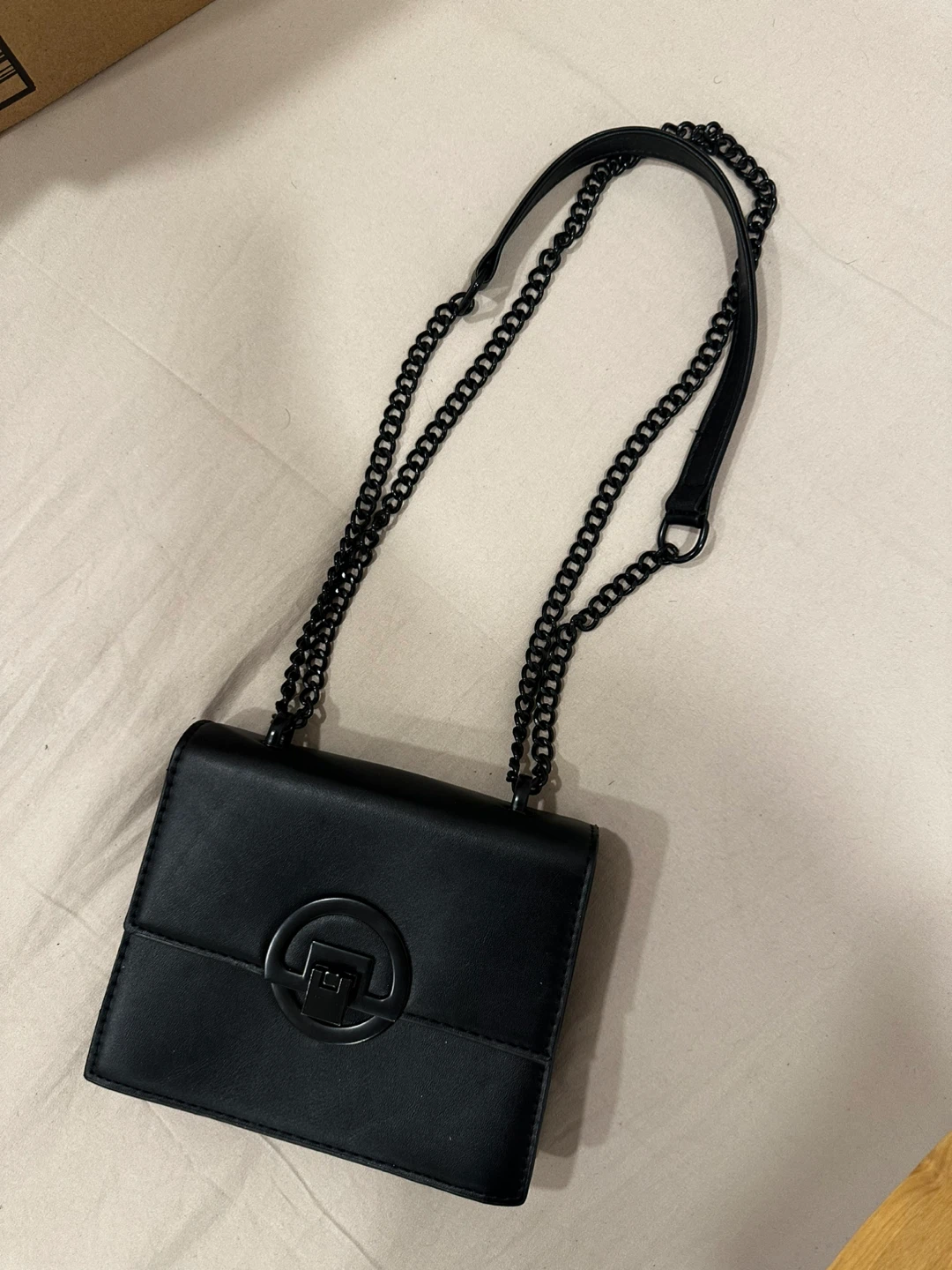 Black Faux Leather Shoulder Bag with Chain Strap