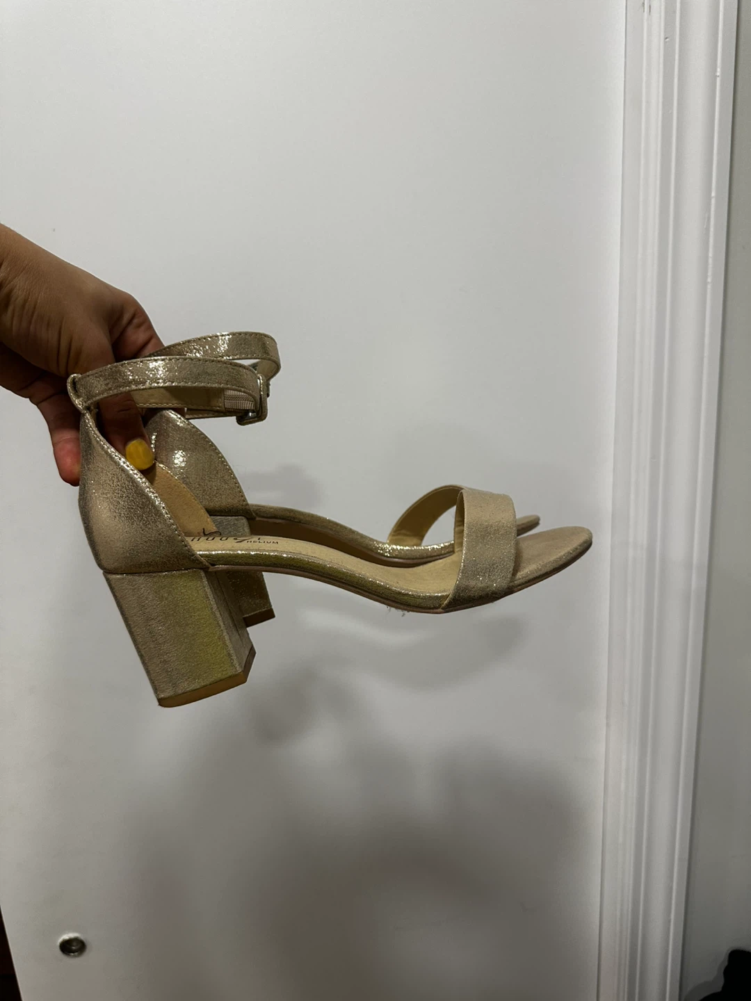 Rouge Helium Gold Block Heel Sandals