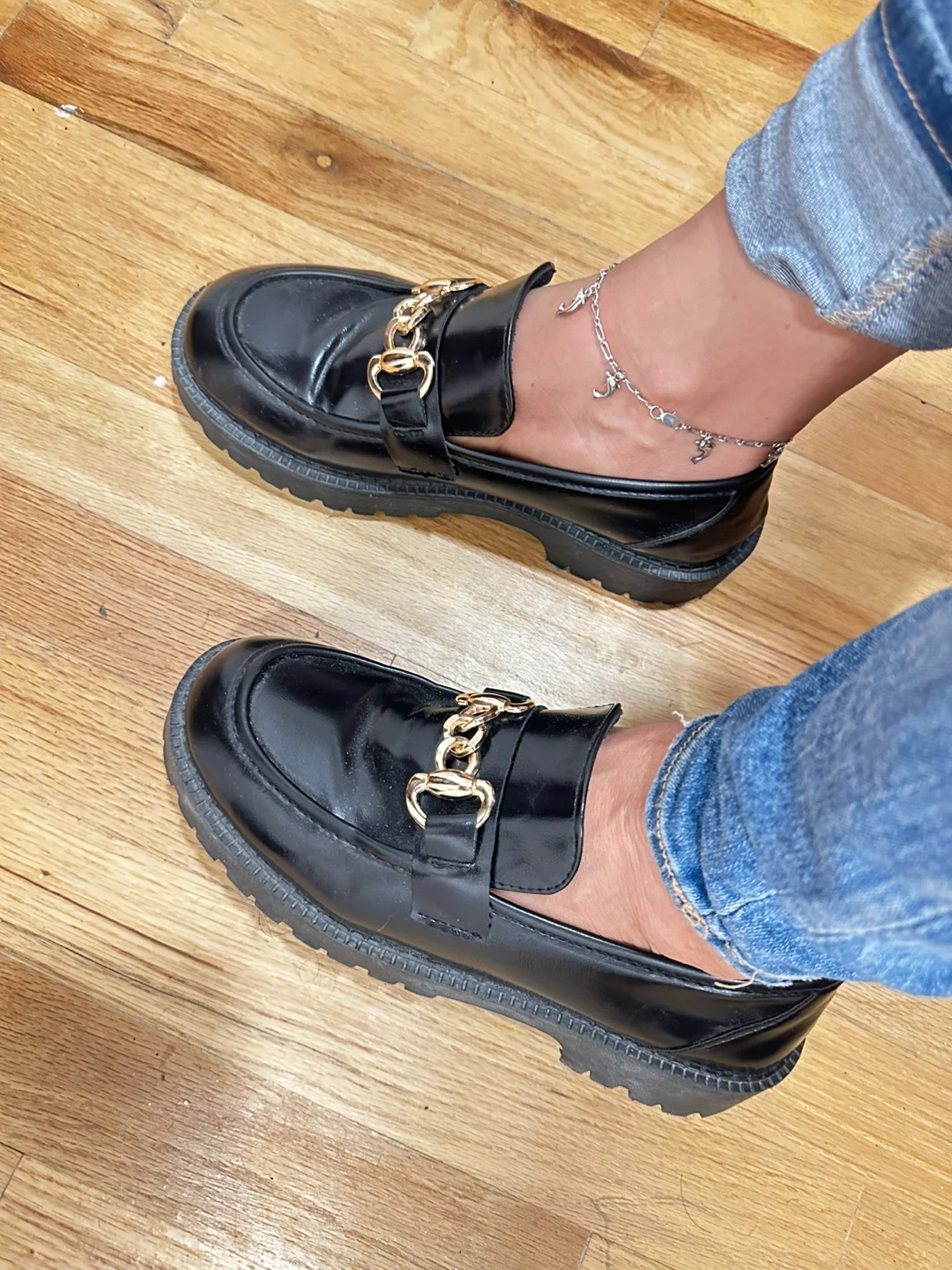 Black Loafer Shoes with Gold Chain Detail