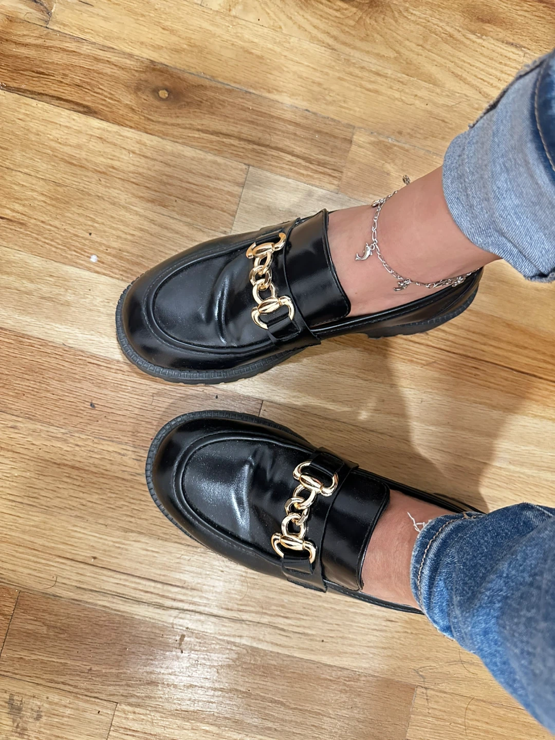 Black Loafer Shoes with Gold Chain Detail - photo 2