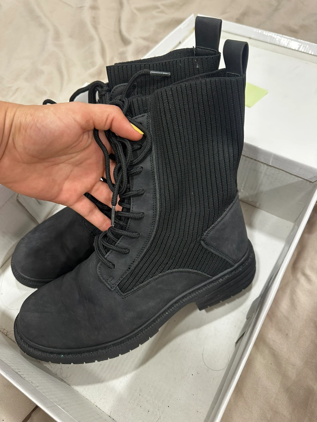 Black Combat Boots with Knit Shaft