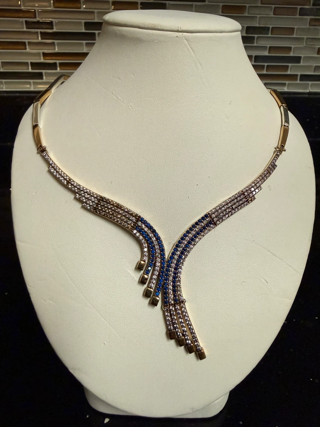 Elegant 17” 925/copper Necklace with Blue and CZ Stones