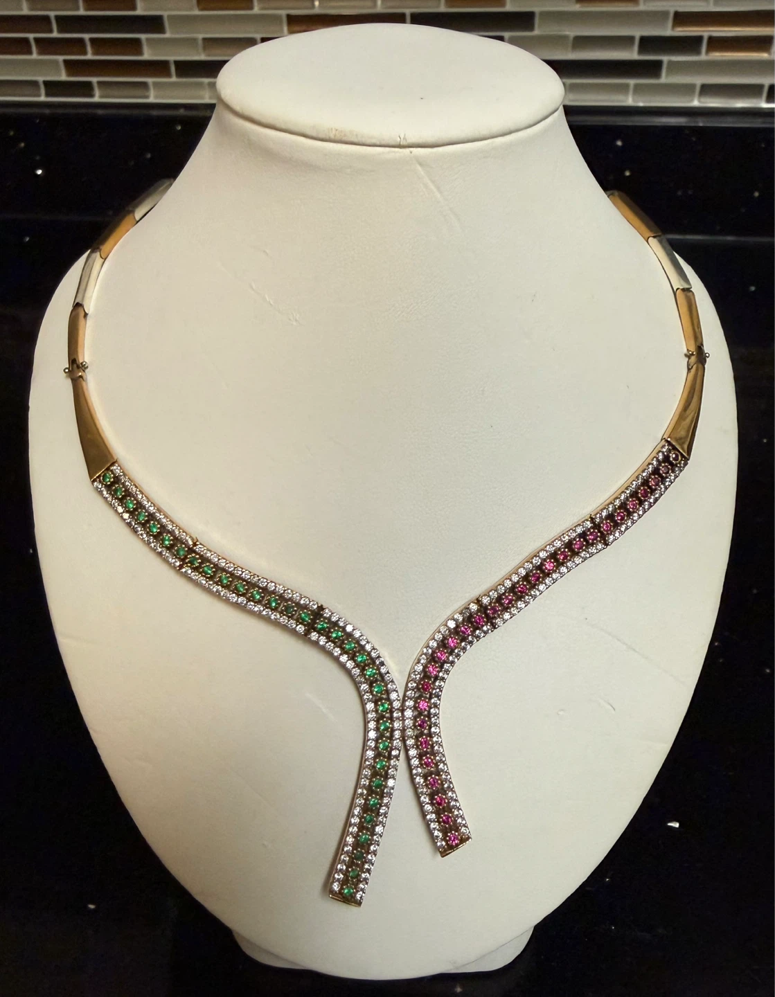 Women's Red & Green Stones and CZ Necklace