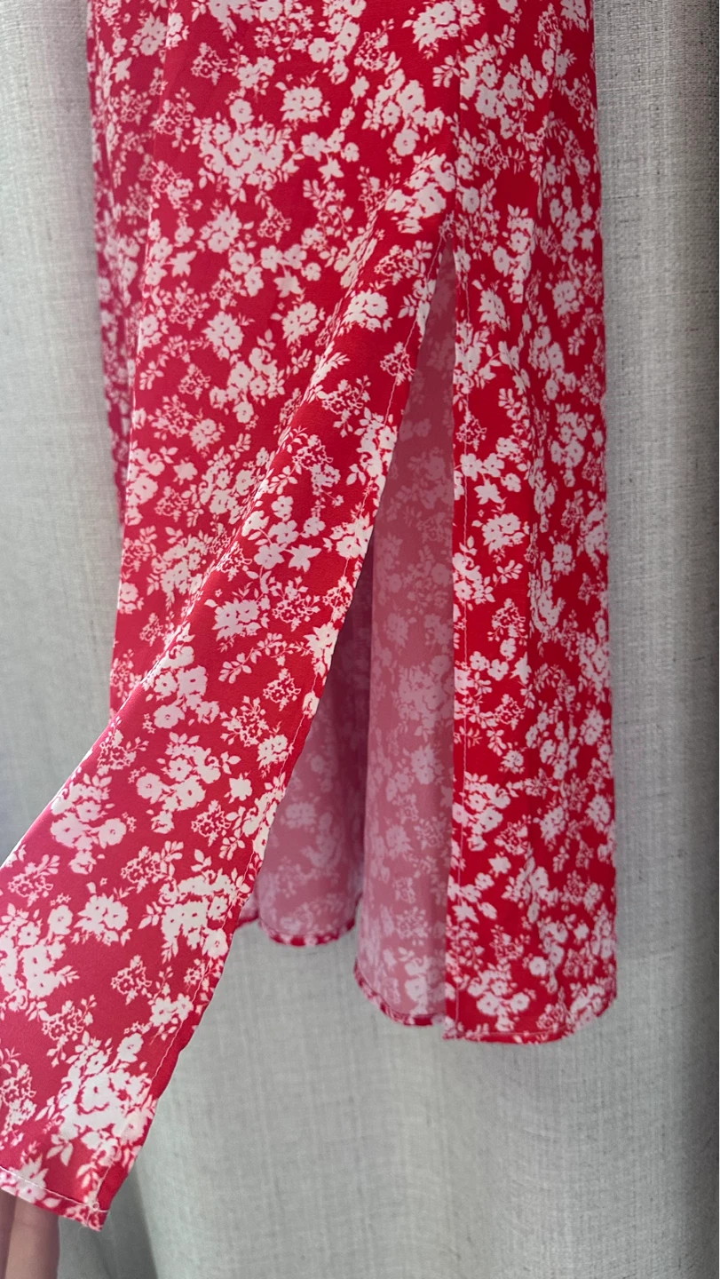 Red Floral Print Dress with Slit - photo 3