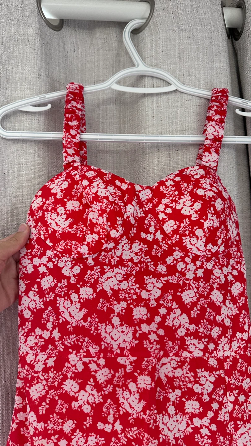Red Floral Print Dress with Slit - photo 2