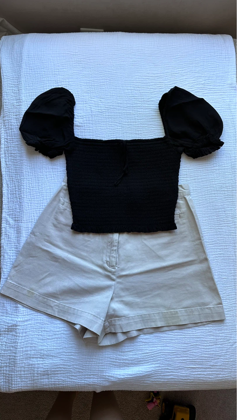 Wilfred Black Smocked Puff Sleeve Top with shorts