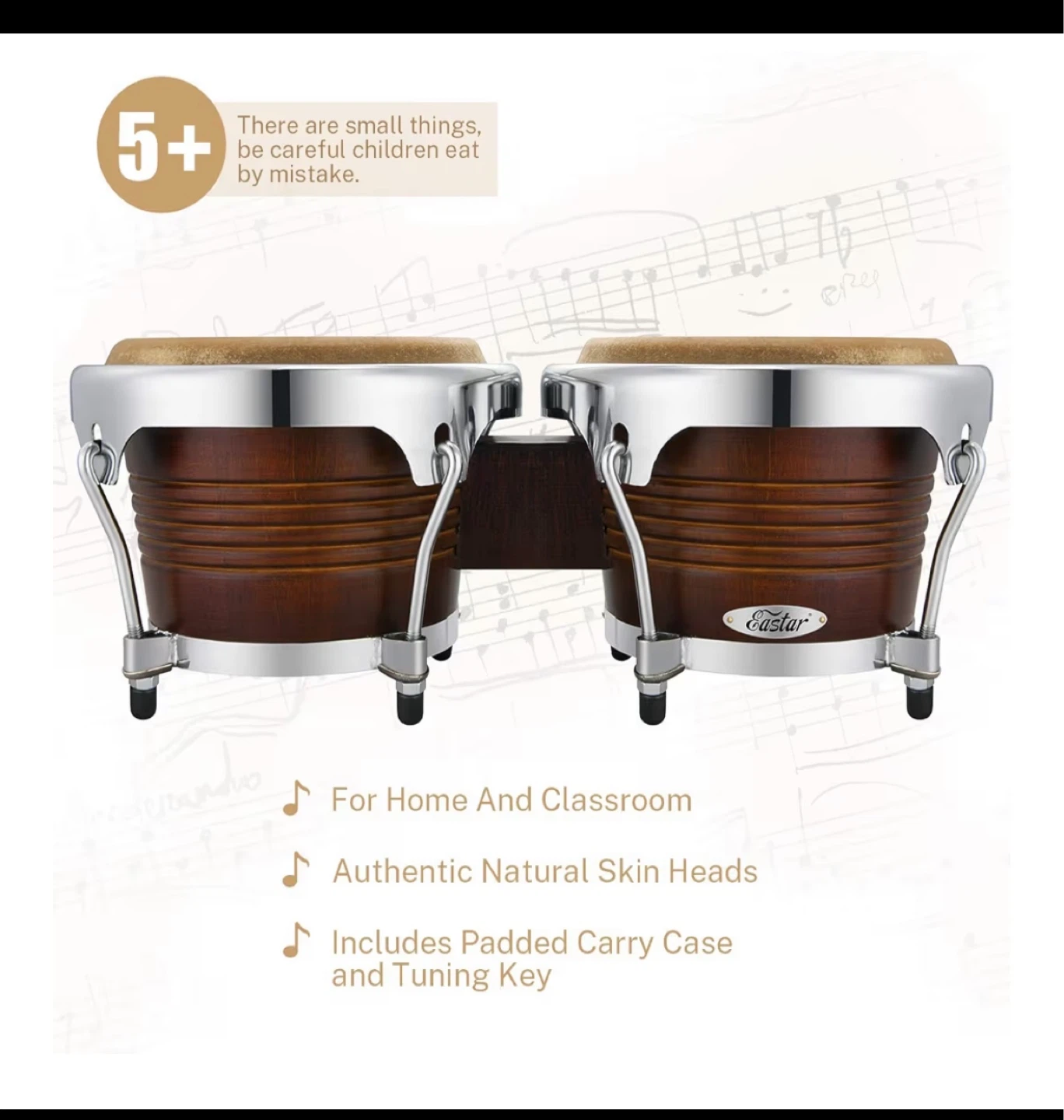 Eastar Bongo Drums with Natural Skin Heads and Carry Case - photo 3