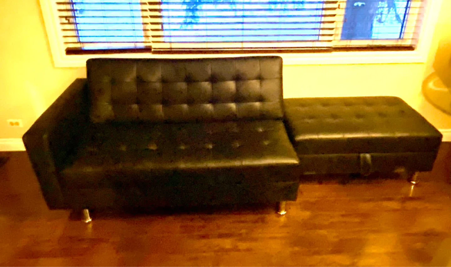 Black Faux Leather Futon Sofa with Storage Ottoman