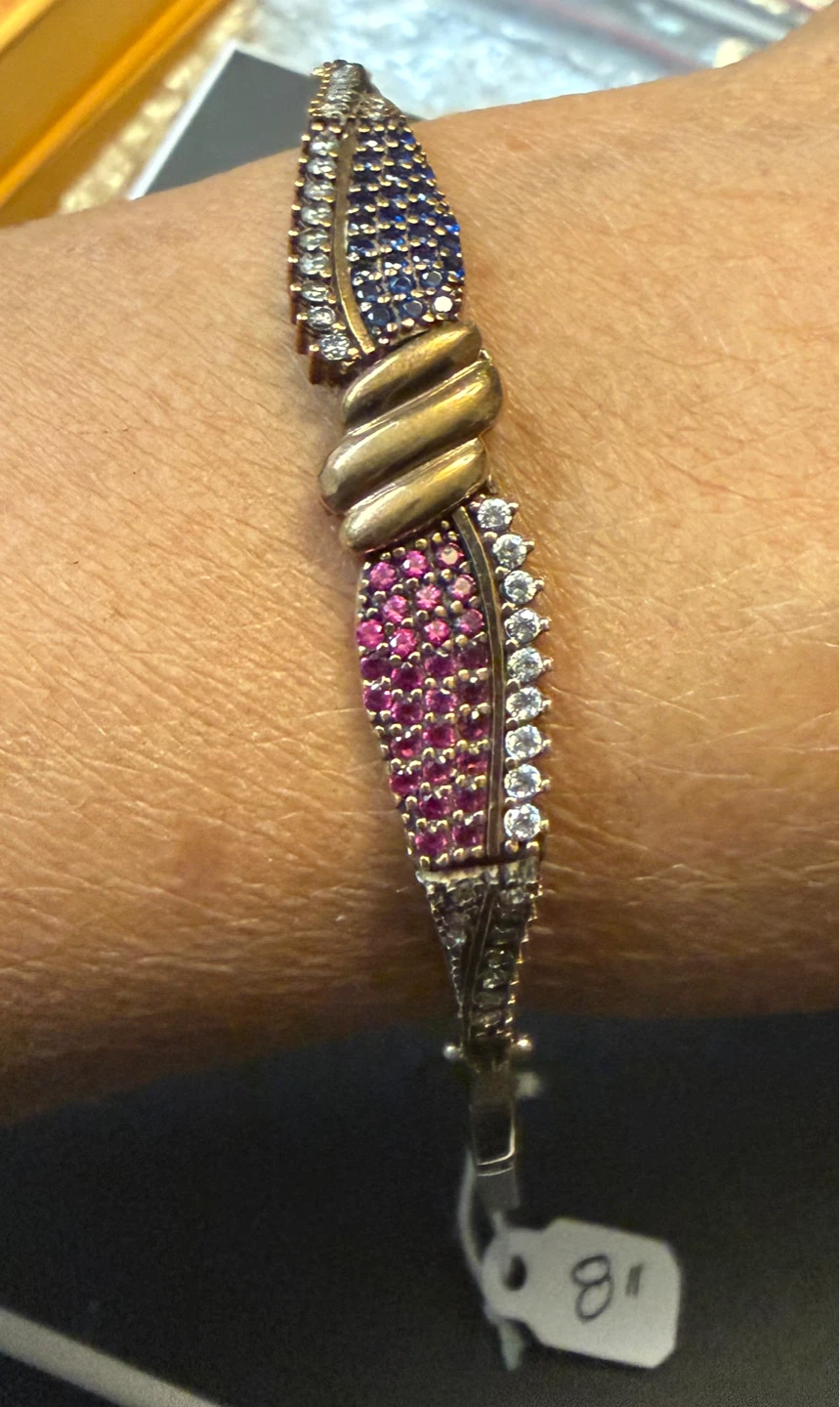 925/Copper 8” Bracelet with Red, Blue, and CZ Stones