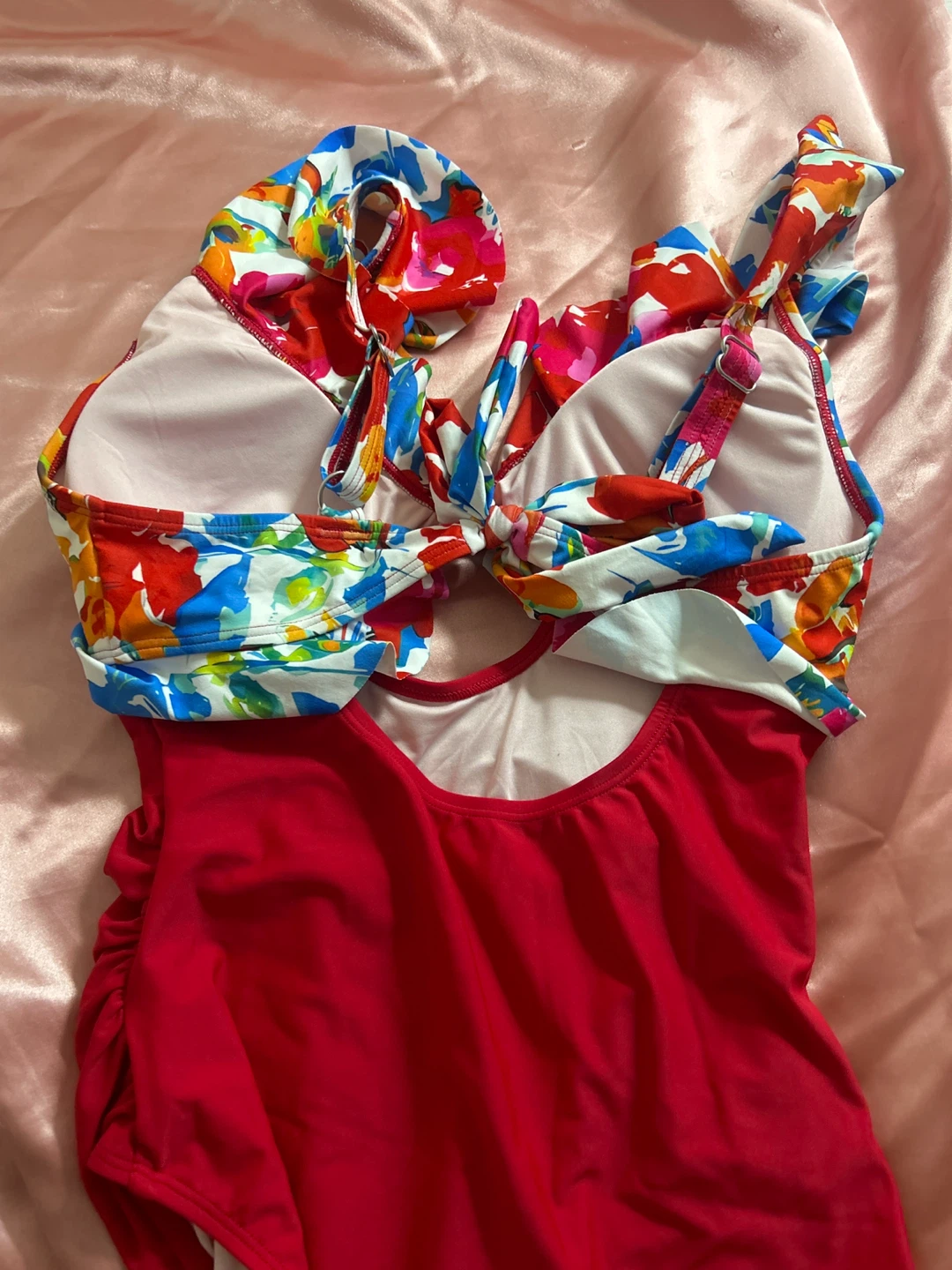 Red one-piece swimsuit with floral ruffle trim - photo 2
