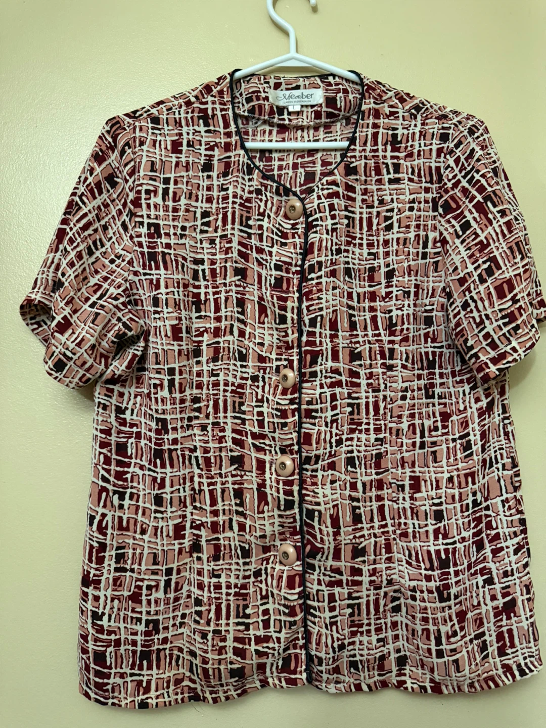 Member Button-Up Short Sleeve Brown & White Blouse {Large}
