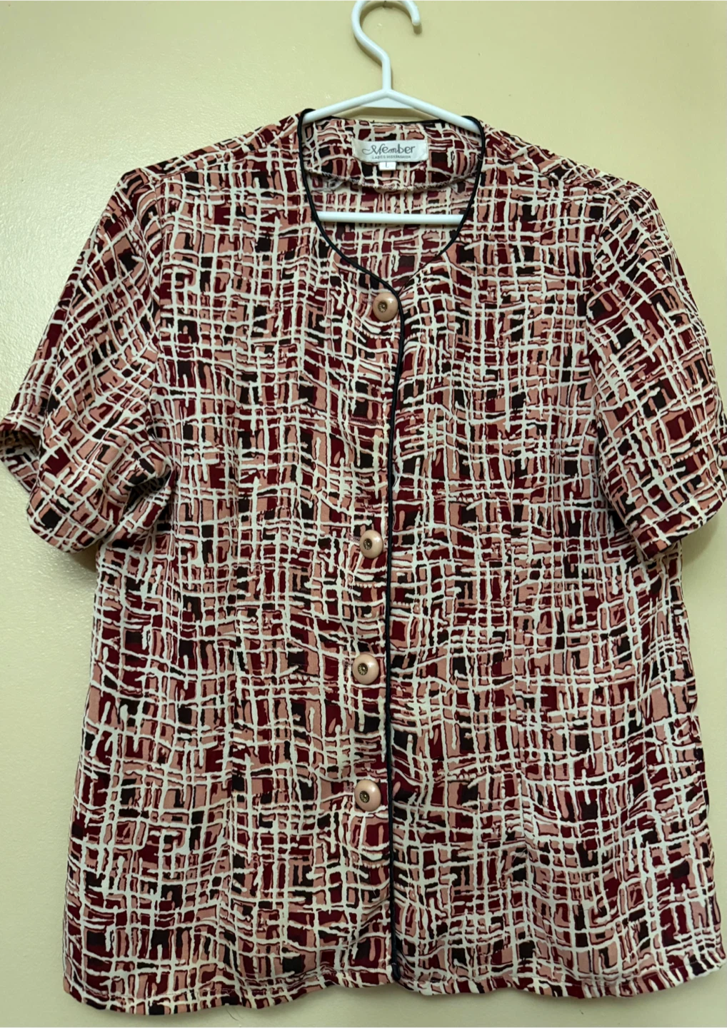 Member Button-Up Short Sleeve Brown & White Blouse {Large} - photo 3