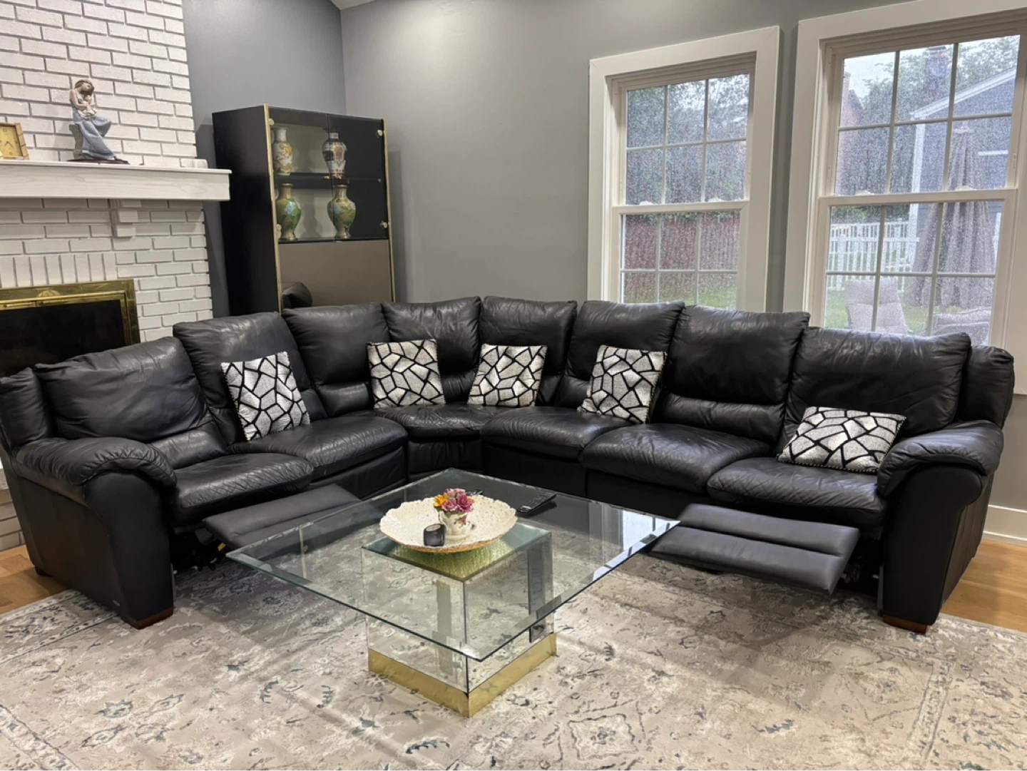 Black Leather Sectional Sofa with Recliners