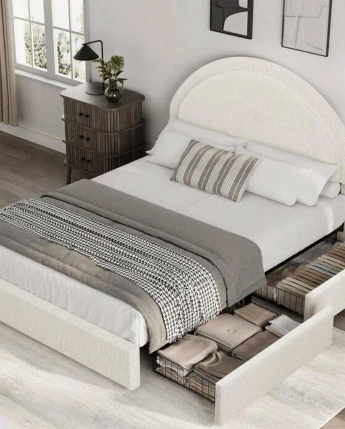 White Boucle Upholstered Bed Frame with Storage Drawers