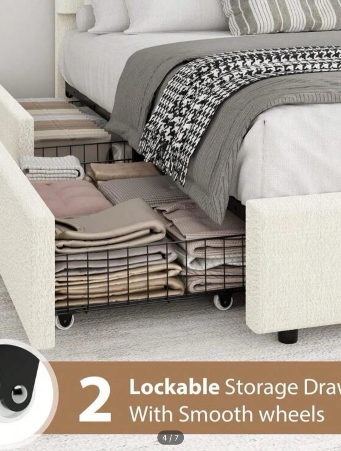 White Boucle Upholstered Bed Frame with Storage Drawers - photo 3
