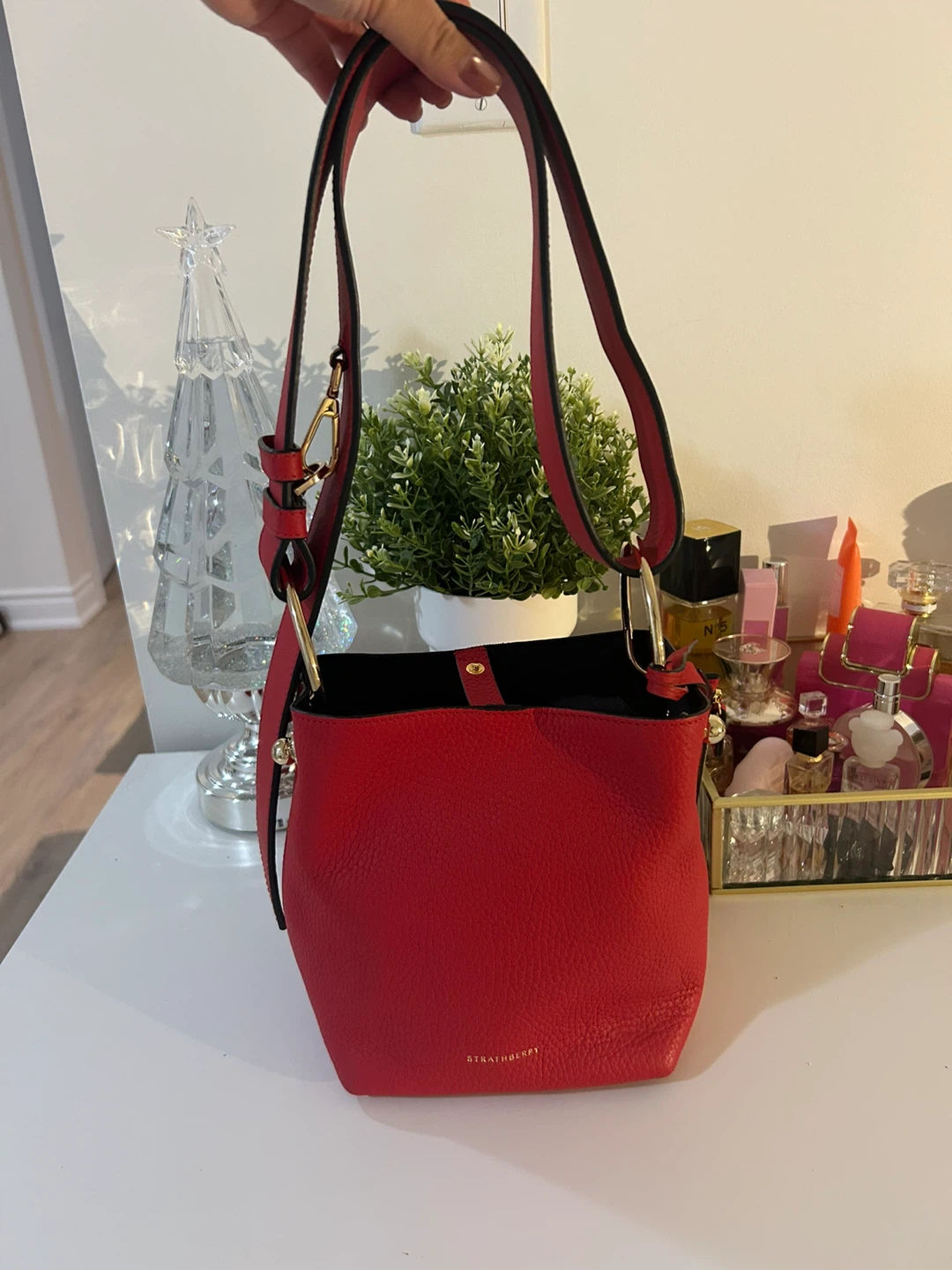 STRATHBERRY Red Leather Bucket Bag with Pouch