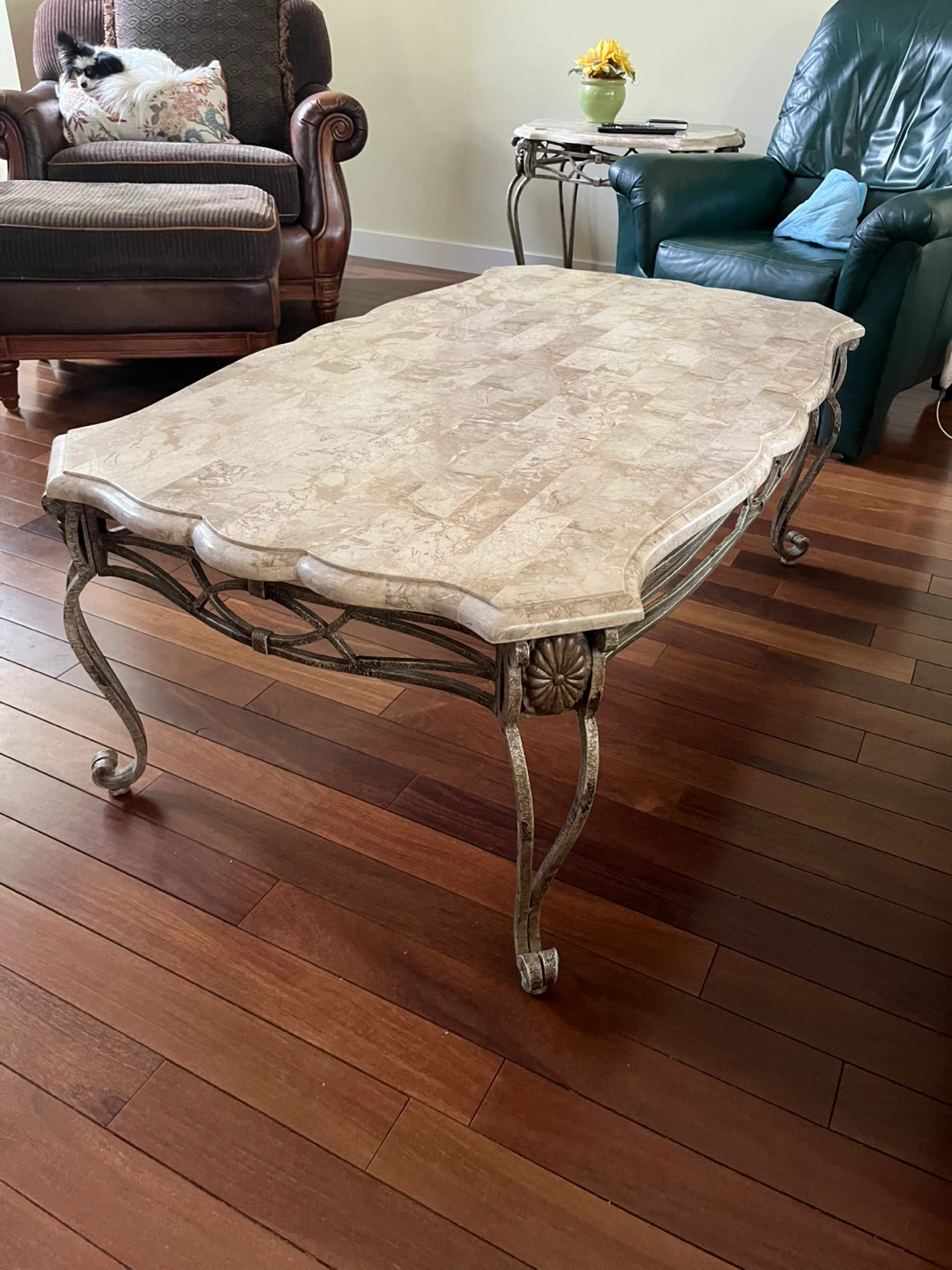 Marble Top Coffee Table with Ornate Metal Base