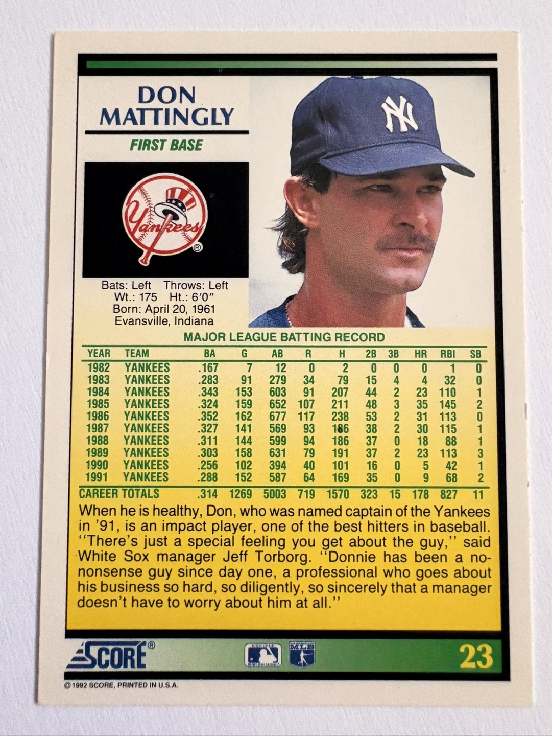 Don Mattingly 1992 Score Baseball Card - photo 2