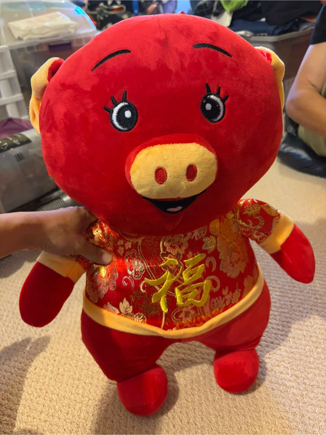 Red Plush Pig Toy with Chinese Characters