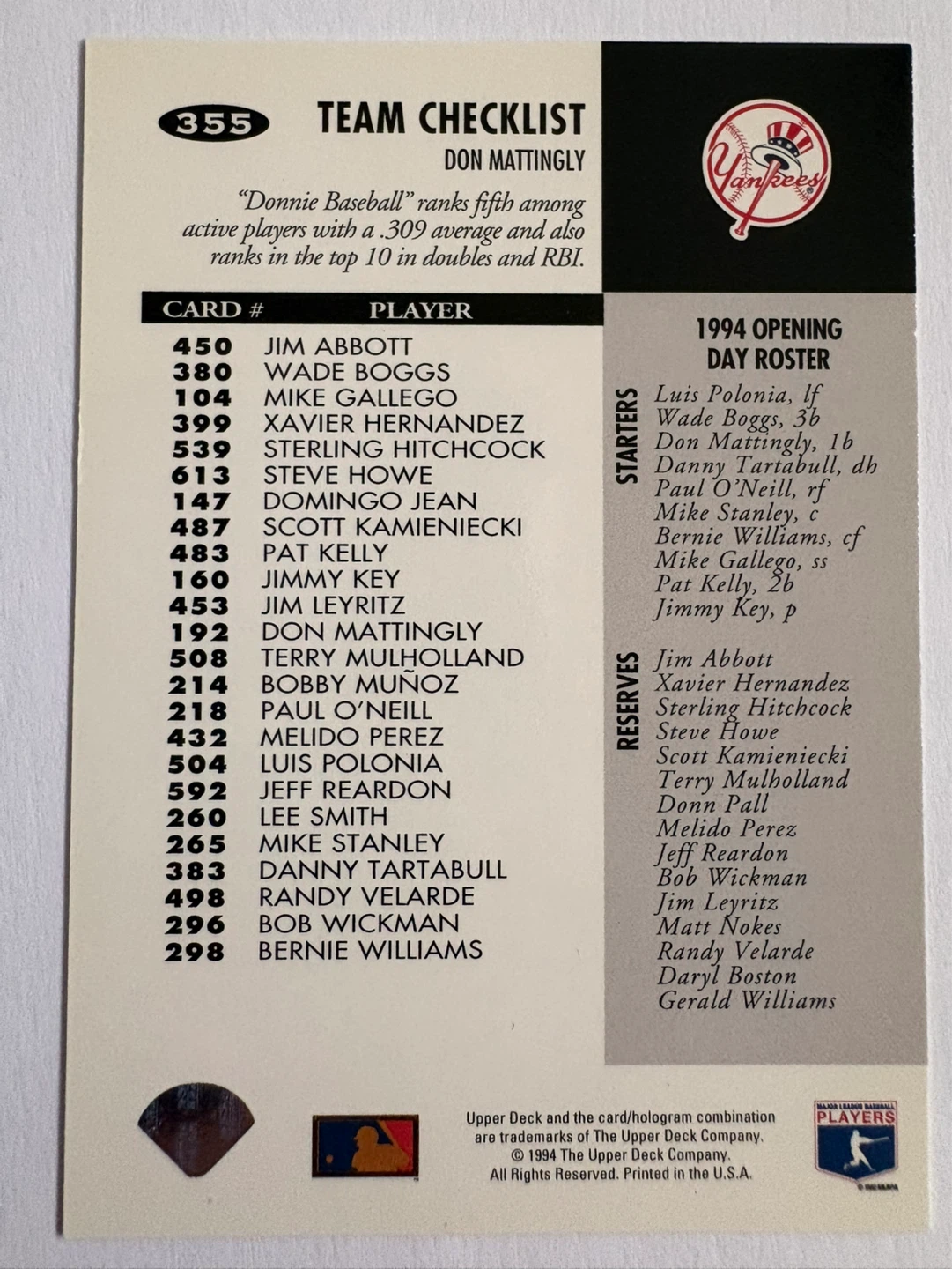 1994 Upper Deck Collector's Choice Don Mattingly Team Checklist - photo 2