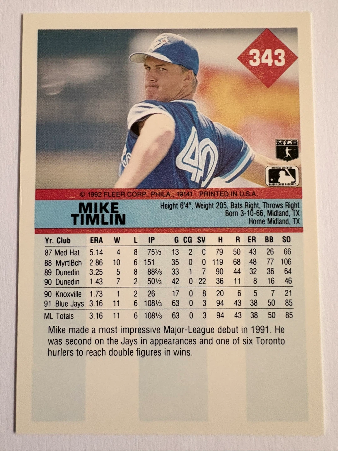 1992 Fleer Mike Timlin Pitcher Baseball Card - photo 2