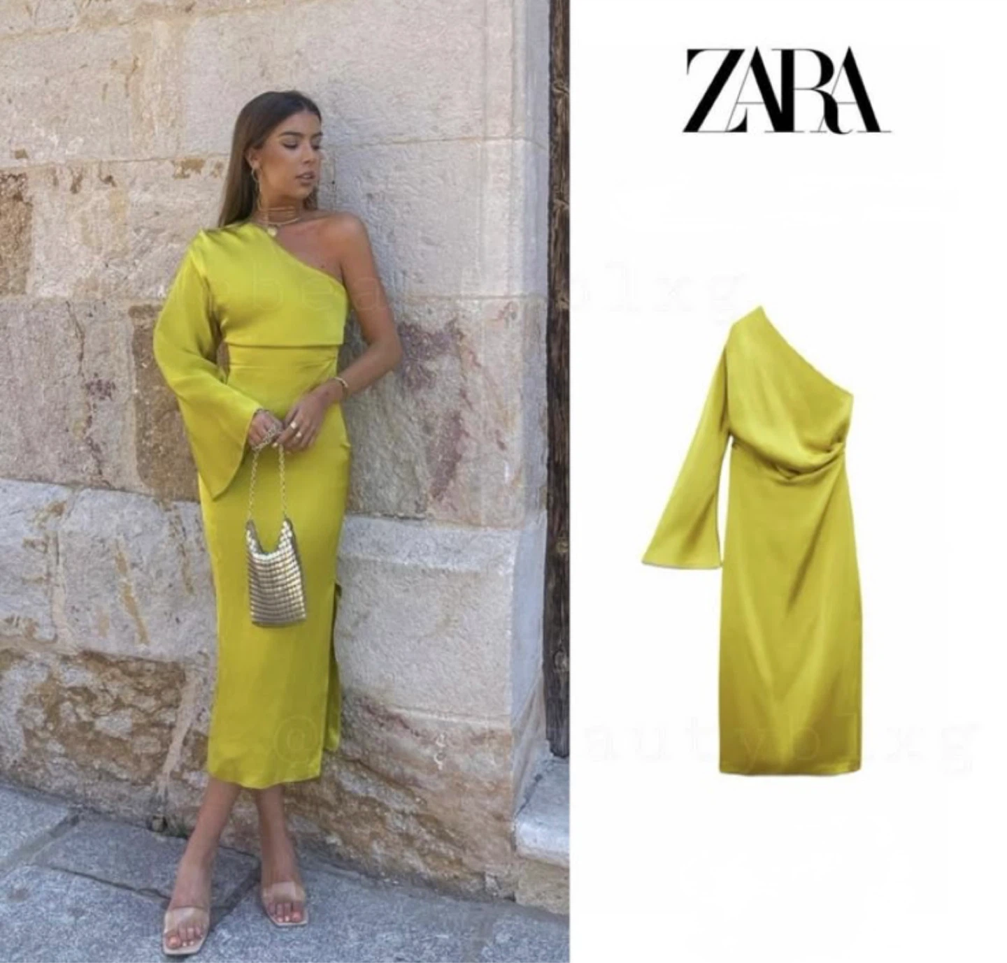 ZARA Lime Green One-Shoulder Maxi Dress - Size M