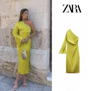 ZARA Lime Green One-Shoulder Maxi Dress - Size M