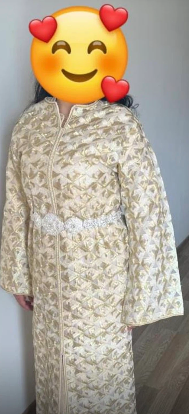 Gold and Cream Quilted Kaftan with Embellished Belt