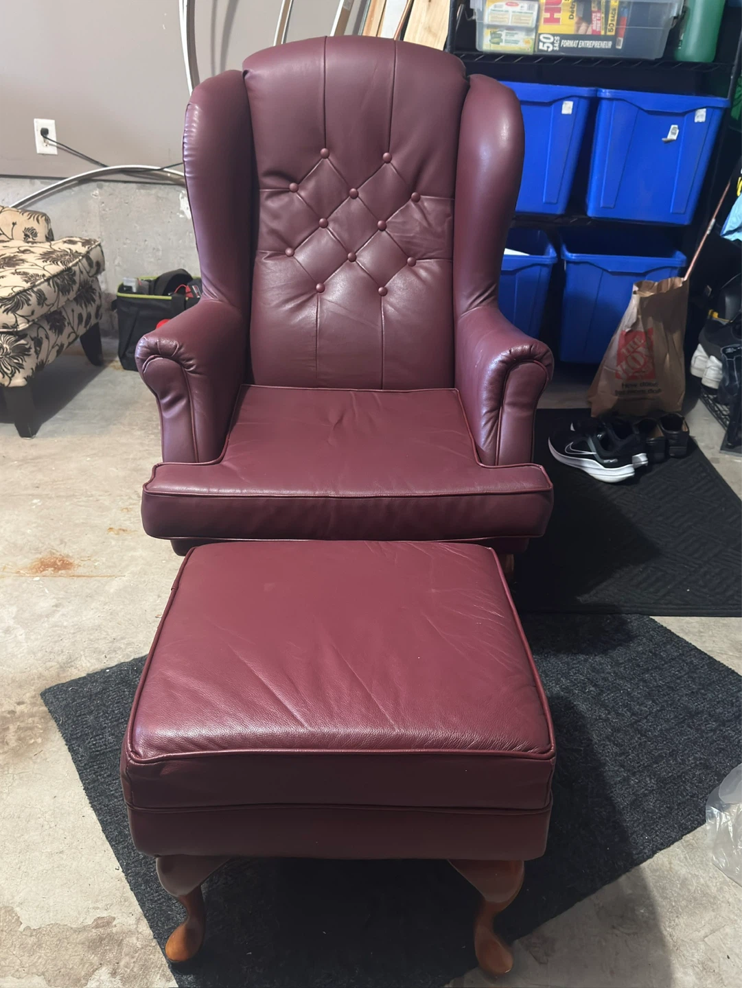 Vintage Burgundy Leather Chair & Ottoman