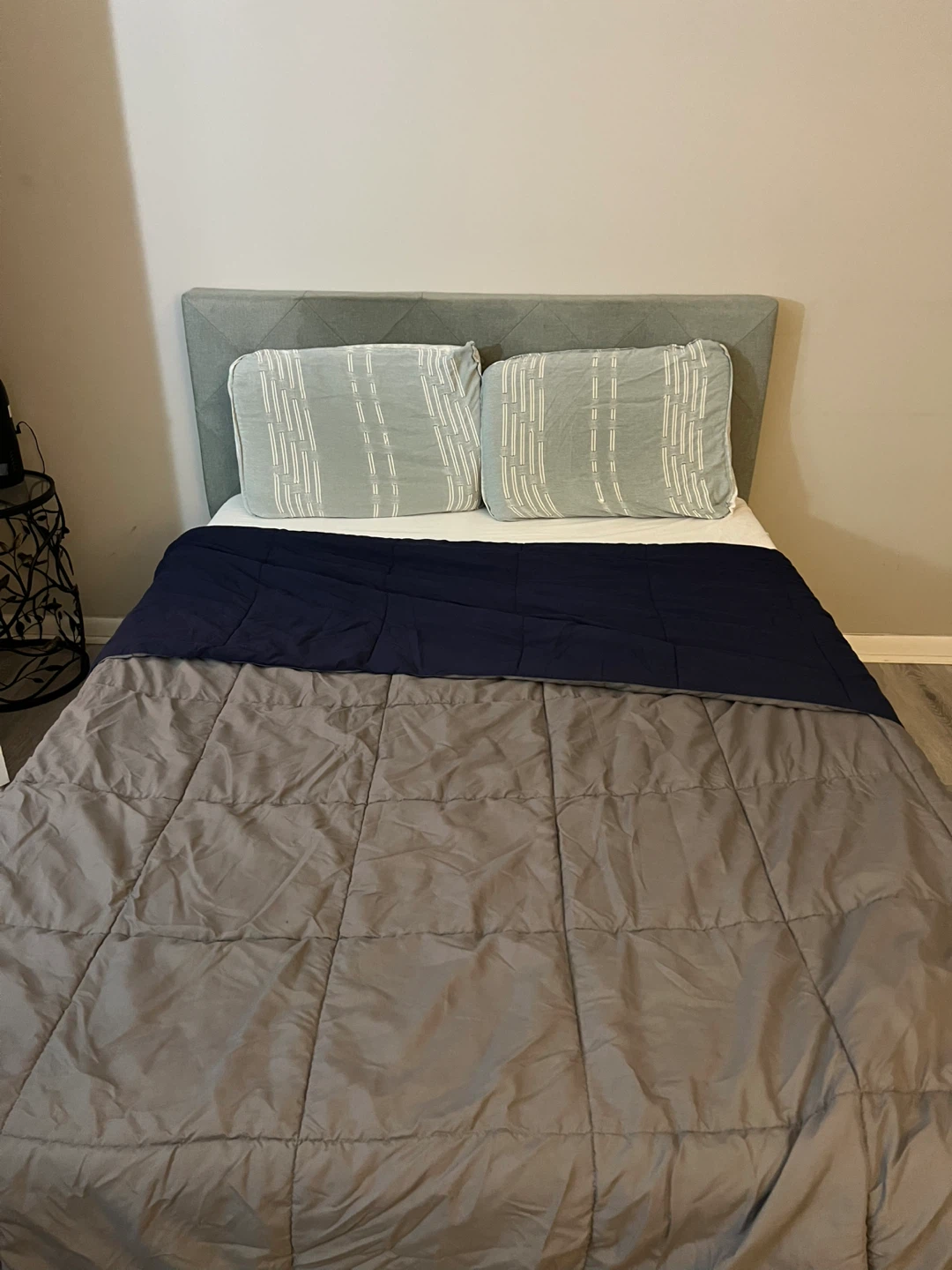 Full Size Bed Frame with mattress and pillows