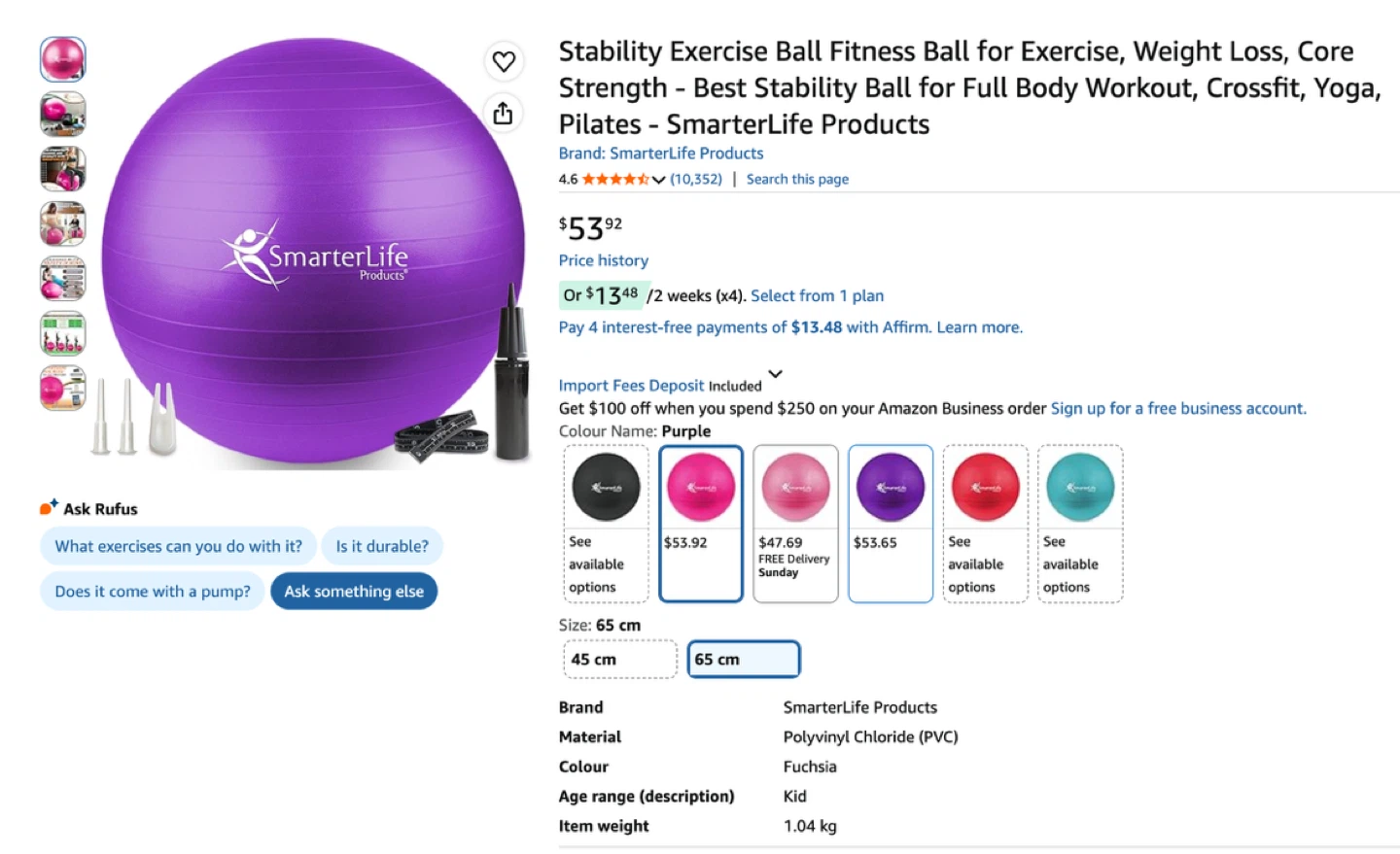 SmarterLife Products 75cm Stability Ball- Gray