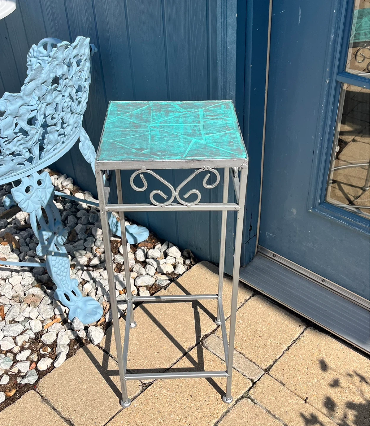 TEAL & SILVER FLOWER/PLANT STAND - photo 2