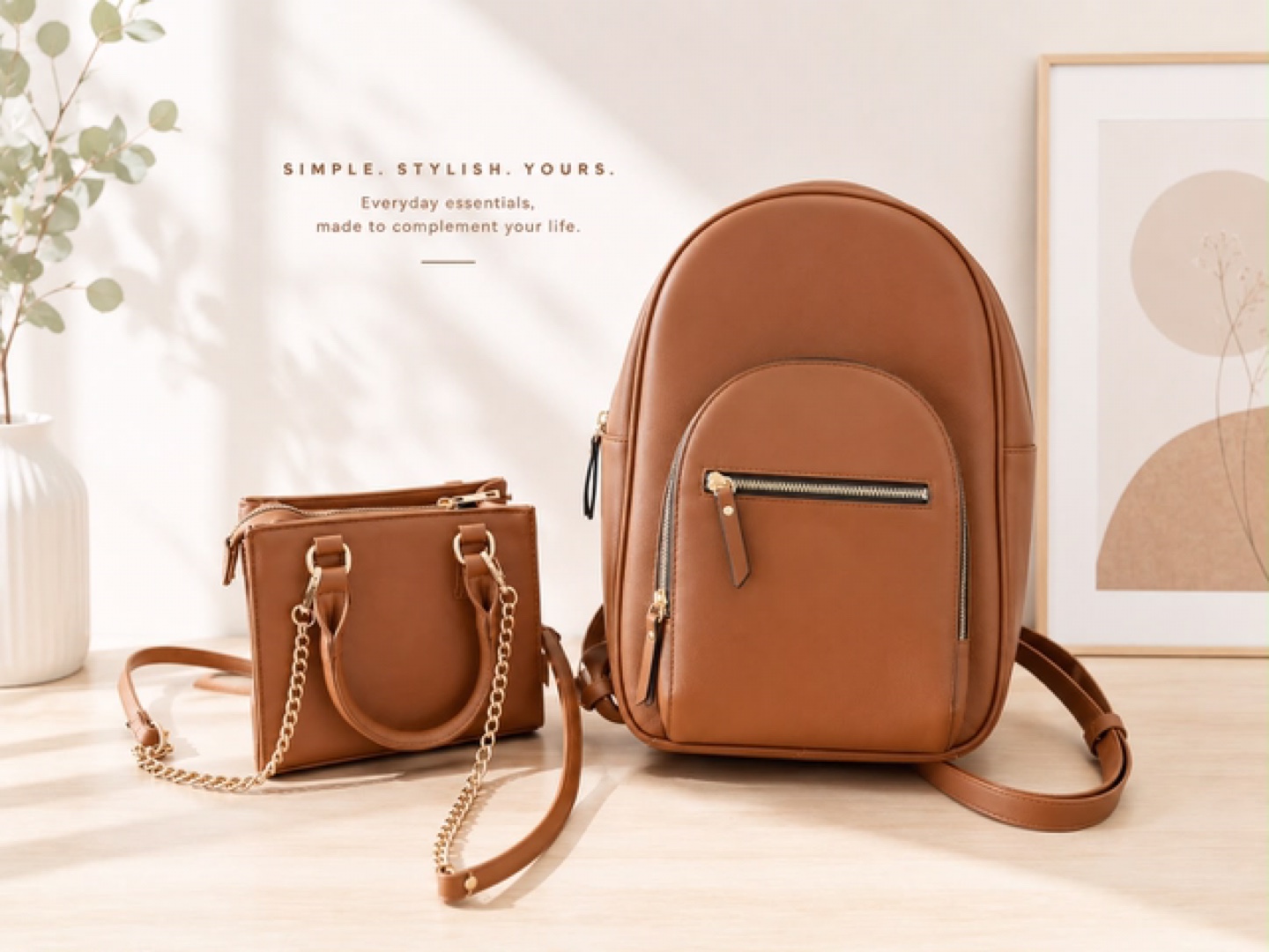 Brown Faux Leather Backpack and Handbag Set
