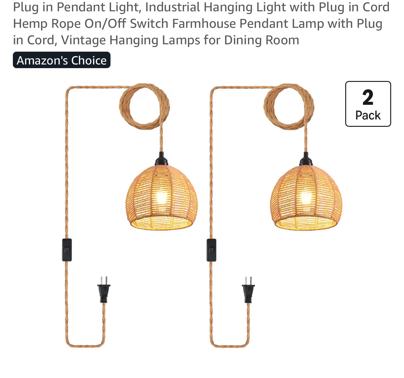 2 Pack Woven Rope Pendant Lights with Plug PH2