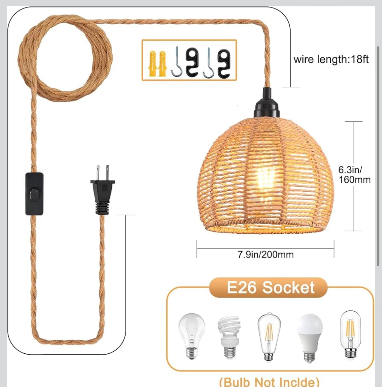 2 Pack Woven Rope Pendant Lights with Plug PH2 - photo 3