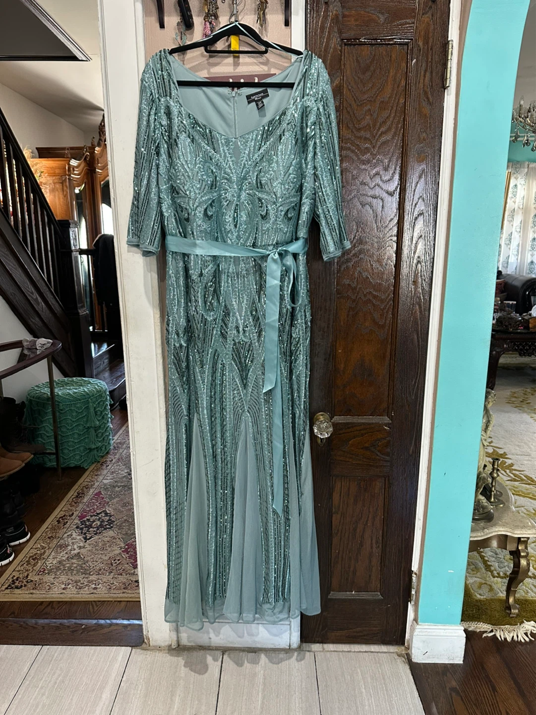 R&M Richards Seafoam Green Beaded Formal Gown with Sash Size 22W