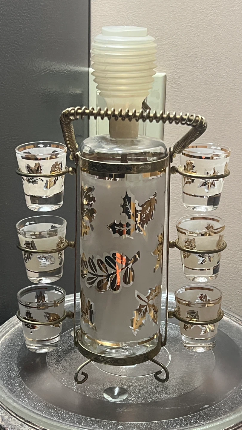 Vintage Czech Frosted Amber Decanter Set with 6 glasses