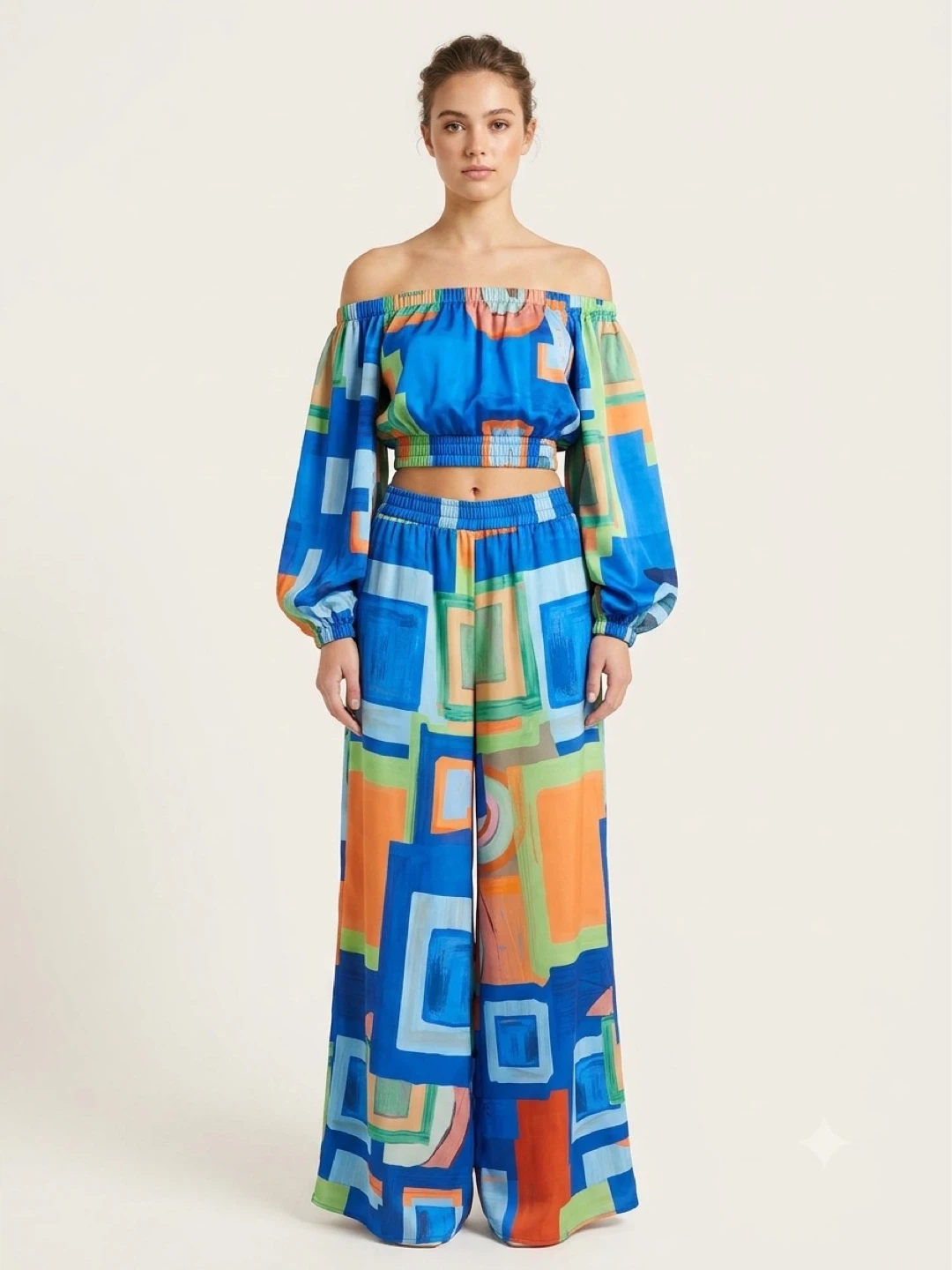 Women's Blue Geometric Print Crop Top & Pants Set