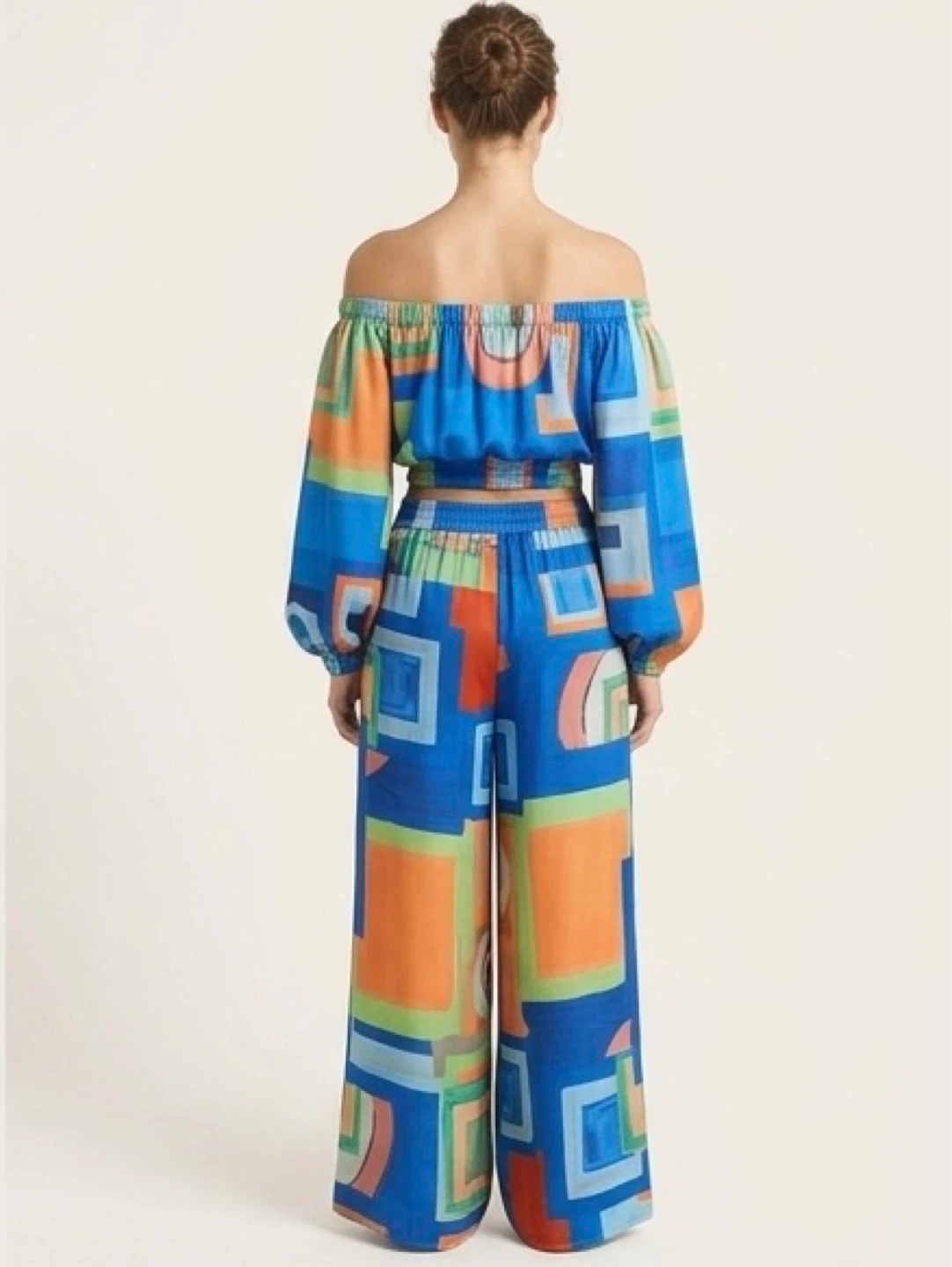 Women's Blue Geometric Print Crop Top & Pants Set - photo 2