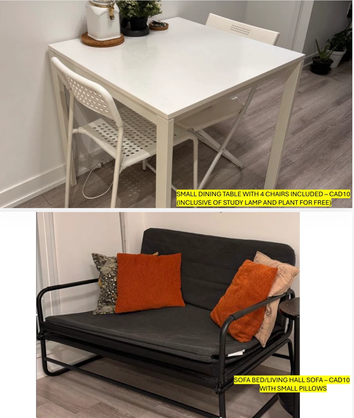 IKEA Sofa Bed and a dining table with 4 chairs.