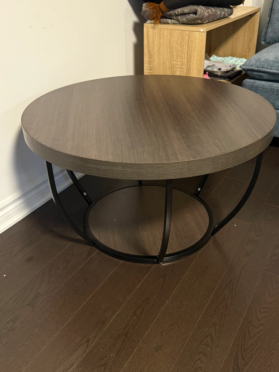 Round Wood Coffee Table with Black Metal Base - photo 3