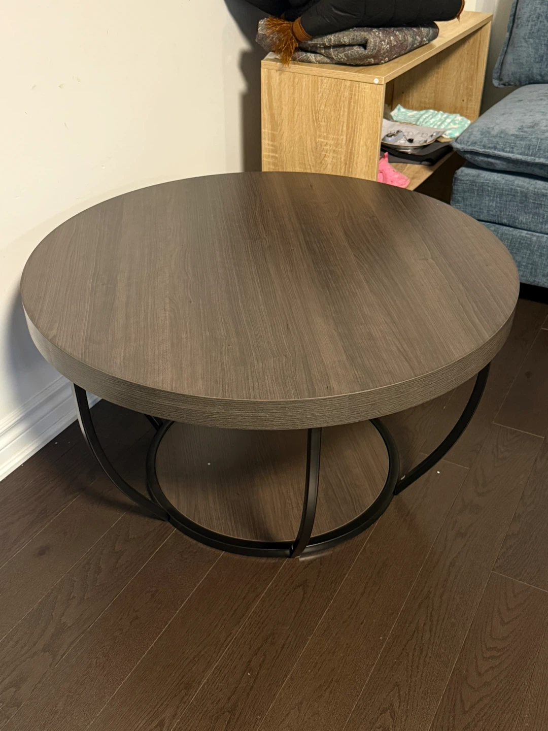 Round Wood Coffee Table with Black Metal Base - photo 2